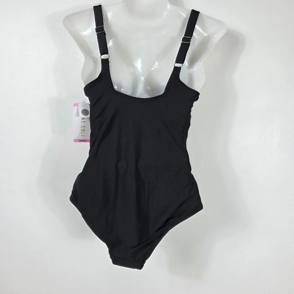 Anne Cole One Piece Swimsuit Women Small Black Ruched Square Neck UPF 50 ACSO600